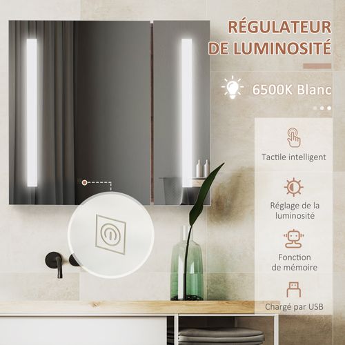 Armoire Salle De Bain Avec Miroir LED HOMCOM 50x15x60cm - Blanc MDF, 3 étagères