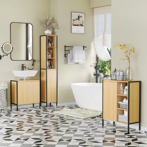 Meuble Salle De Bain - Porte, 3 Niches - Acier Noir Aspect Bois Clair