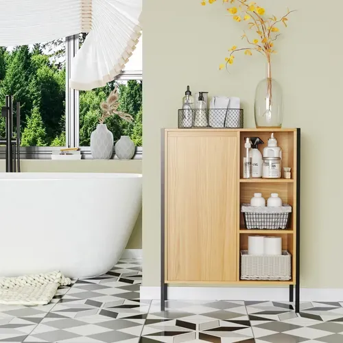 Meuble Salle De Bain - Porte, 3 Niches - Acier Noir Aspect Bois Clair