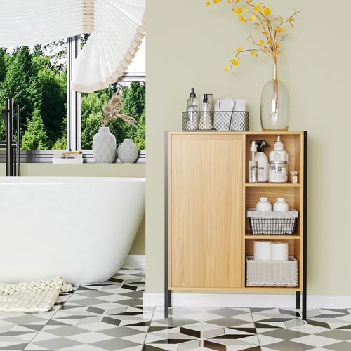 Meuble Salle De Bain - Porte, 3 Niches - Acier Noir Aspect Bois Clair