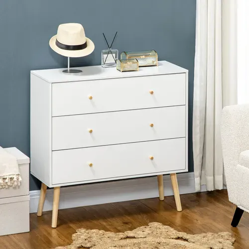 Commode 3 Tiroirs Design Scandinave Bois Pin Panneaux Blanc