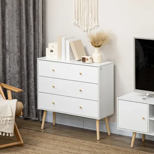 Commode 3 Tiroirs Design Scandinave Bois Pin Panneaux Blanc