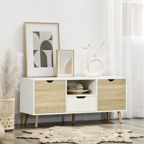Meuble TV Style Scandinave 2 Portes Tiroir Niche Blanc Chêne Clair