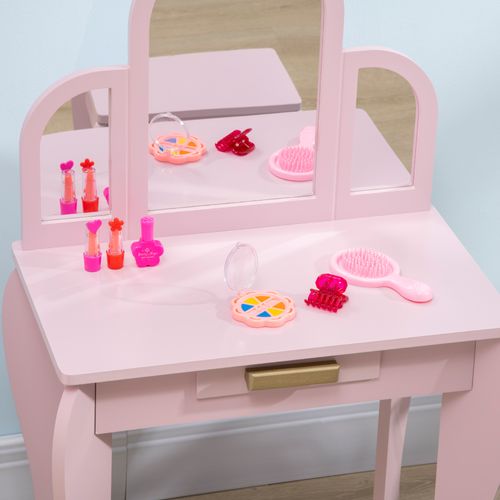 Coiffeuse enfant design girly - tabouret inclus - tiroir, 2 étagères, niche, miroir - MDF