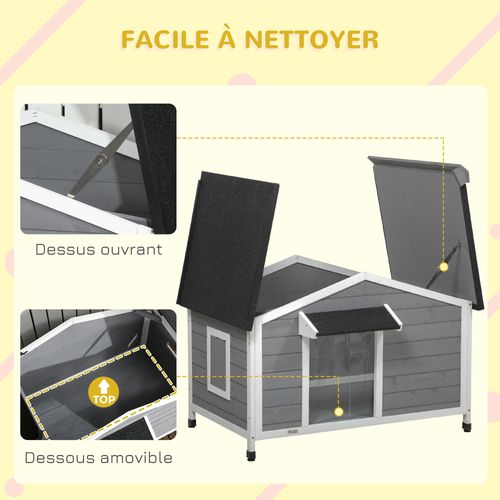 Niche Chien Style Cottage - 2 Fenêtres, Porte, Toit Ouvrant - Sapin Gris