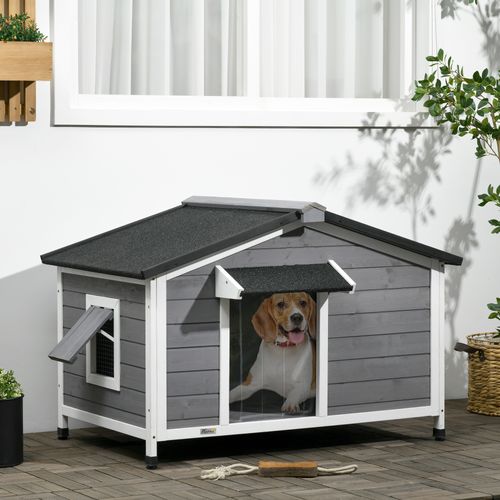 Niche Chien Style Cottage - 2 Fenêtres, Porte, Toit Ouvrant - Sapin Gris