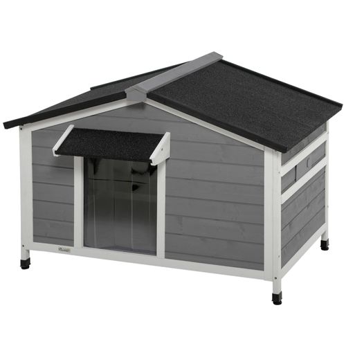 Niche Chien Style Cottage - 2 Fenêtres, Porte, Toit Ouvrant - Sapin Gris