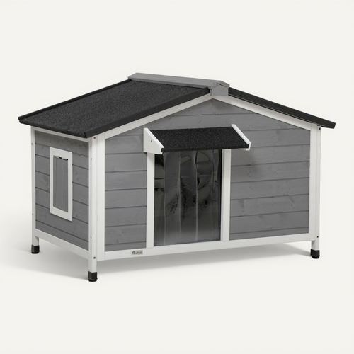 Niche Chien Style Cottage - 2 Fenêtres, Porte, Toit Ouvrant - Sapin Gris