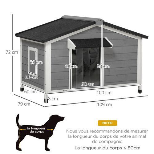 Niche Chien Style Cottage - 2 Fenêtres, Porte, Toit Ouvrant - Sapin Gris