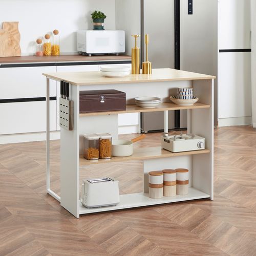 Ilot De Cuisine 3 étagères Style Moderne 105 X 65 X 90 Cmblanc Et Naturel