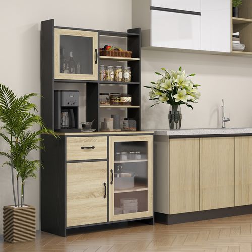 Buffet Haut 3 Portes 3 Étagères Tiroir 5 Niches Aspect Chêne Clair Noir