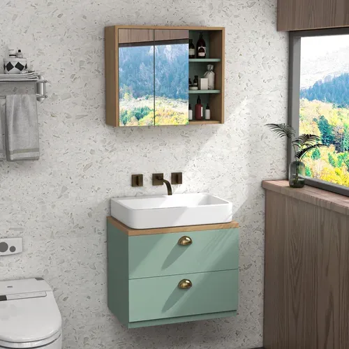 Ensemble 2 Meubles De Salle De Bain Aspect Bois Clair Vert