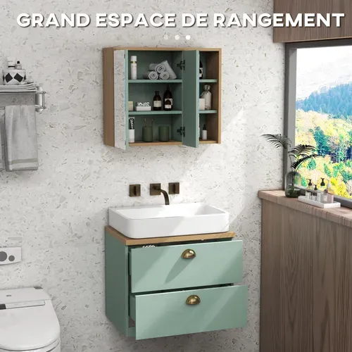 Ensemble 2 Meubles De Salle De Bain Aspect Bois Clair Vert