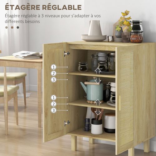 Buffet 2 Portes 2 Étagères Style Bohème Aspect Bois Clair Cannage Rotin