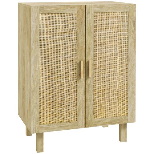 Buffet 2 Portes 2 Étagères Style Bohème Aspect Bois Clair Cannage Rotin