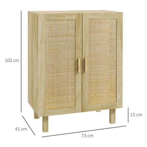 Buffet 2 Portes 2 Étagères Style Bohème Aspect Bois Clair Cannage Rotin