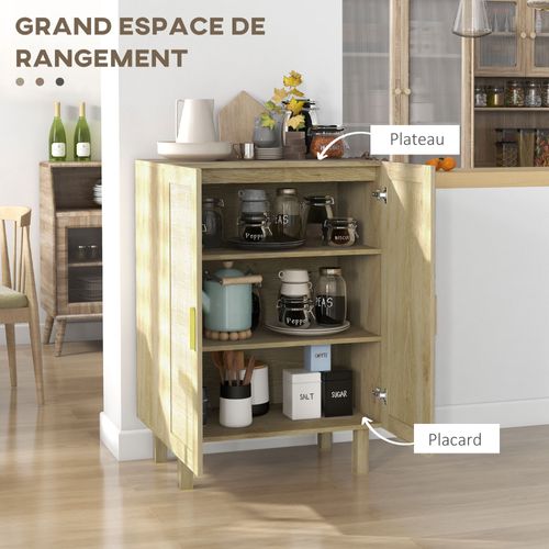 Buffet 2 Portes 2 Étagères Style Bohème Aspect Bois Clair Cannage Rotin