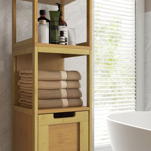 Meuble Colonne Rangement Salle De Bain Mdf Aspect Bois Clair Bambou