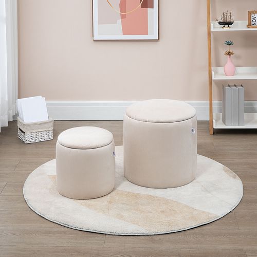 Lot De 2 Poufs Coffres Velours Cotelé - Ø 40 Et 30 Cm - Tissu Crème