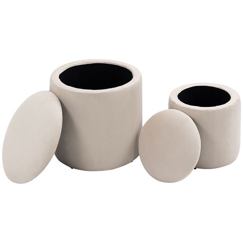 Lot De 2 Poufs Coffres Velours Cotelé - Ø 40 Et 30 Cm - Tissu Crème