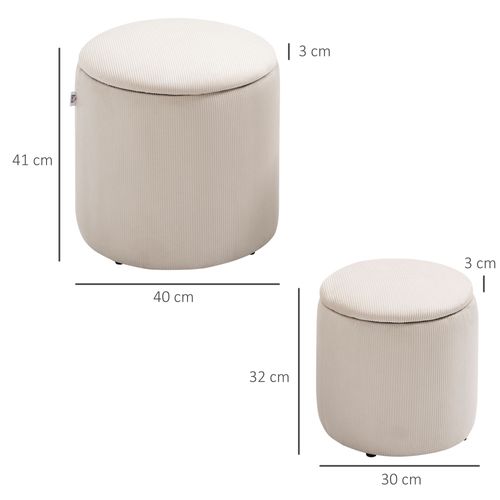 Lot De 2 Poufs Coffres Velours Cotelé - Ø 40 Et 30 Cm - Tissu Crème