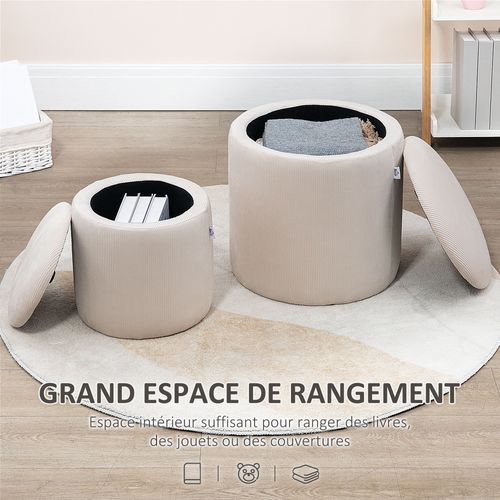 Lot De 2 Poufs Coffres Velours Cotelé - Ø 40 Et 30 Cm - Tissu Crème