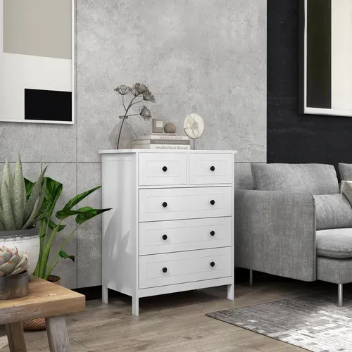 Commode 5 Tiroirs Poignées Boutons Métal Noir Mdf Panneaux Blanc