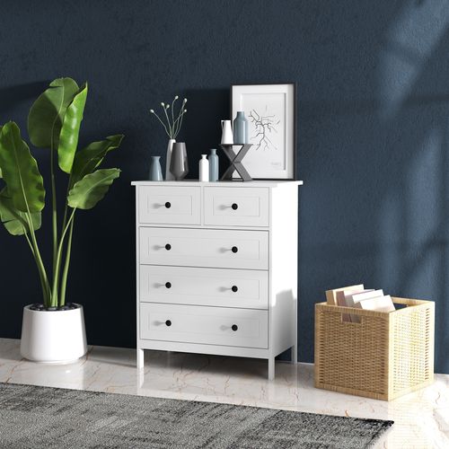 Commode 5 Tiroirs Poignées Boutons Métal Noir Mdf Panneaux Blanc