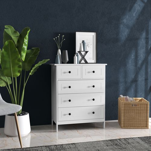 Commode 5 Tiroirs Poignées Boutons Métal Noir Mdf Panneaux Blanc