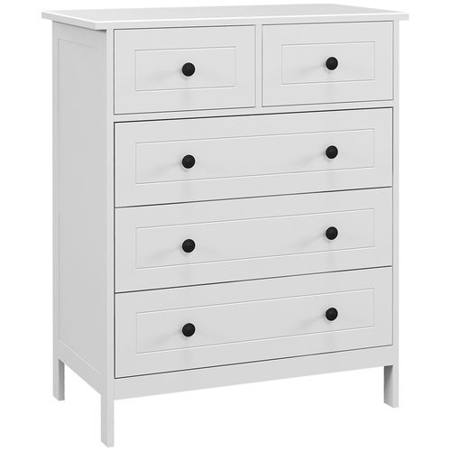 Commode 5 Tiroirs Poignées Boutons Métal Noir Mdf Panneaux Blanc