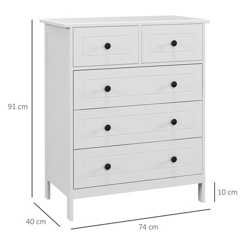 Commode 5 Tiroirs Poignées Boutons Métal Noir Mdf Panneaux Blanc