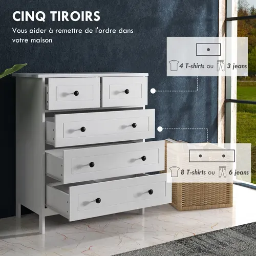 Commode 5 Tiroirs Poignées Boutons Métal Noir Mdf Panneaux Blanc