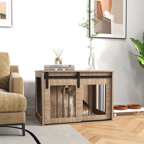 Cage Chien Style Industriel Avec Porte Acier Noir Aspect Bois