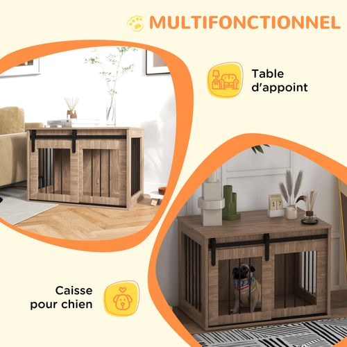 Cage Chien Style Industriel Avec Porte Acier Noir Aspect Bois