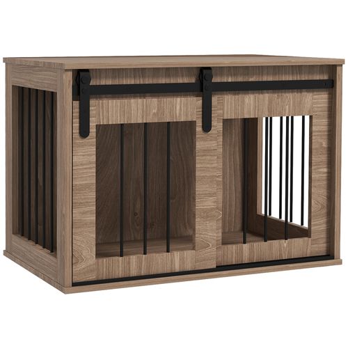 Cage Chien Style Industriel Avec Porte Acier Noir Aspect Bois