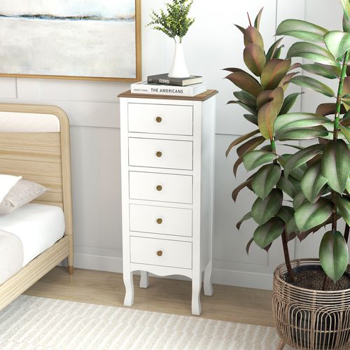 Chiffonnier 5 Tiroirs Design Néo-rétro Mdf Bois Blanc