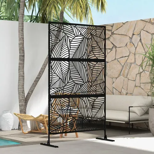 Panneau Brise Vue Décoratif Paravent Extérieur Motif Végétal Métal Noir