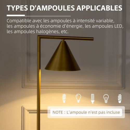 Lampadaire Sur Pied Salon 40w Acier Doré Abat-jour Conique Orientable Base Marbre