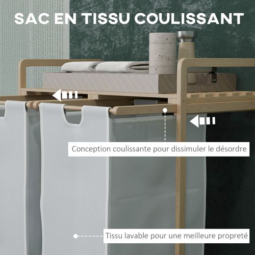 Panier à Linge Corbeille à Linge Bambou 2 Paniers Amovibles Crème