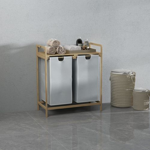 Panier à Linge Corbeille à Linge Bambou 2 Paniers Amovibles Crème