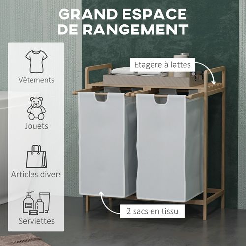 Panier à Linge Corbeille à Linge Bambou 2 Paniers Amovibles Crème