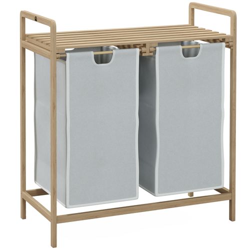 Panier à Linge Corbeille à Linge Bambou 2 Paniers Amovibles Crème