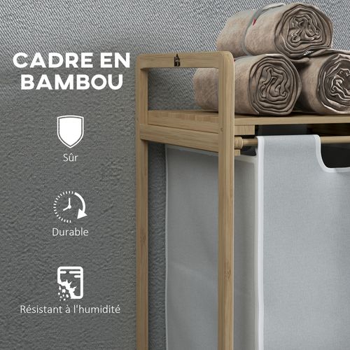 Panier à Linge Corbeille à Linge Bambou 2 Paniers Amovibles Crème