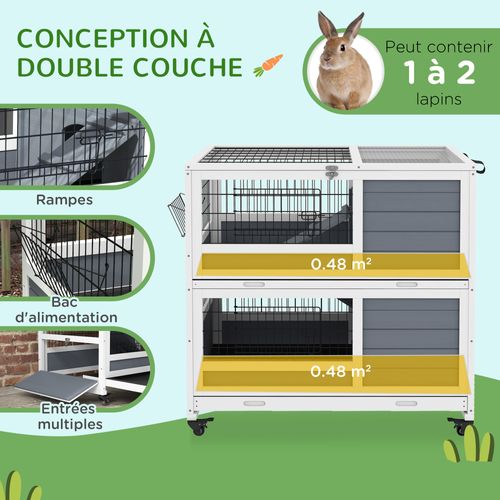 PAWHUT Clapier à lapin sur roulettes cage à lapin 2 étages porte
