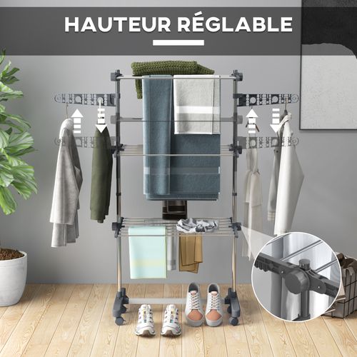 Séchoir à Linge étendoir Pliable Ailes Latérales 3 Niveaux Acier Inox Pp