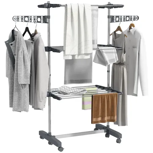 Séchoir à Linge étendoir Pliable Ailes Latérales 3 Niveaux Acier Inox Pp