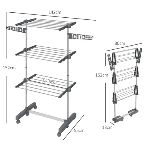 Séchoir à Linge étendoir Pliable Ailes Latérales 3 Niveaux Acier Inox Pp