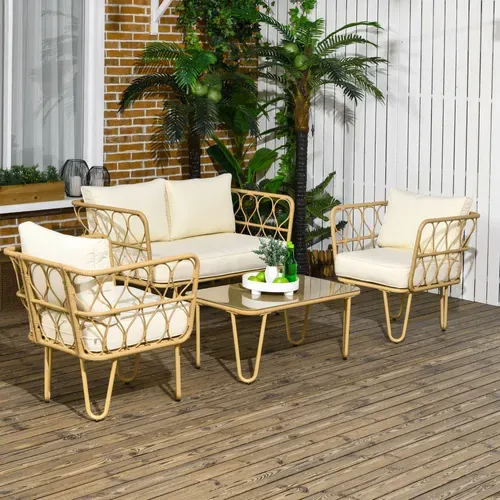 Salon De Jardin 4 Places 4 Pièces Style Colonial Résine Tressée Aspect Rotin