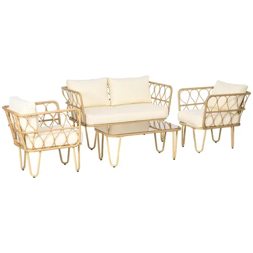 Salon De Jardin 4 Places 4 Pièces Style Colonial Résine Tressée Aspect Rotin