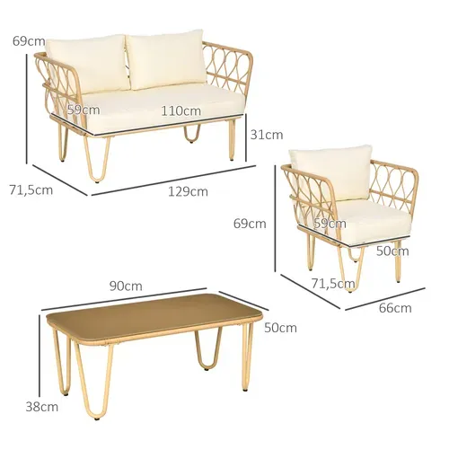 Salon De Jardin 4 Places 4 Pièces Style Colonial Résine Tressée Aspect Rotin